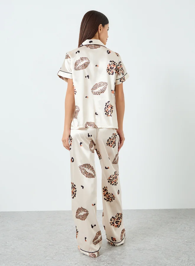 Take Two  Women Satin Graphic Printed Shirt and Pyjama Set for Women | Best Price UAE